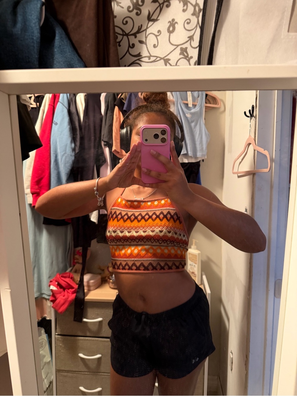 SHEIN Orange Tribal-Pattern Halter Crop Top